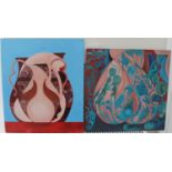 Two Surrealist Oil on Board Paintings, "Heart Vases & Foliage 25 Dec 1997" measures 41cm by 41cm; "