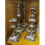 Three pairs of plated candlesticks