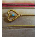 A pair of 9ct gold heart shaped and turquoise hat pins (i.c.)