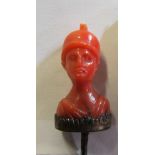 A 19th Century stick pin with carved coral Centurion head