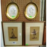 Two gilt framed miniatures and two drawings.