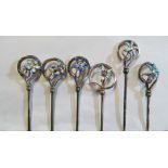 Six Charles Horner silver and blue enamel flower hat pins with steel stems displayed on card