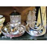 A plated and glass biscuit jar, condiment set and other silver plate.