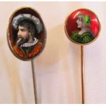 A stick pin with enamel Tudor man and another Limoges enamel stick pin 17th Century lady, signed