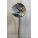An Essex glass stick pin with scene of swallow
