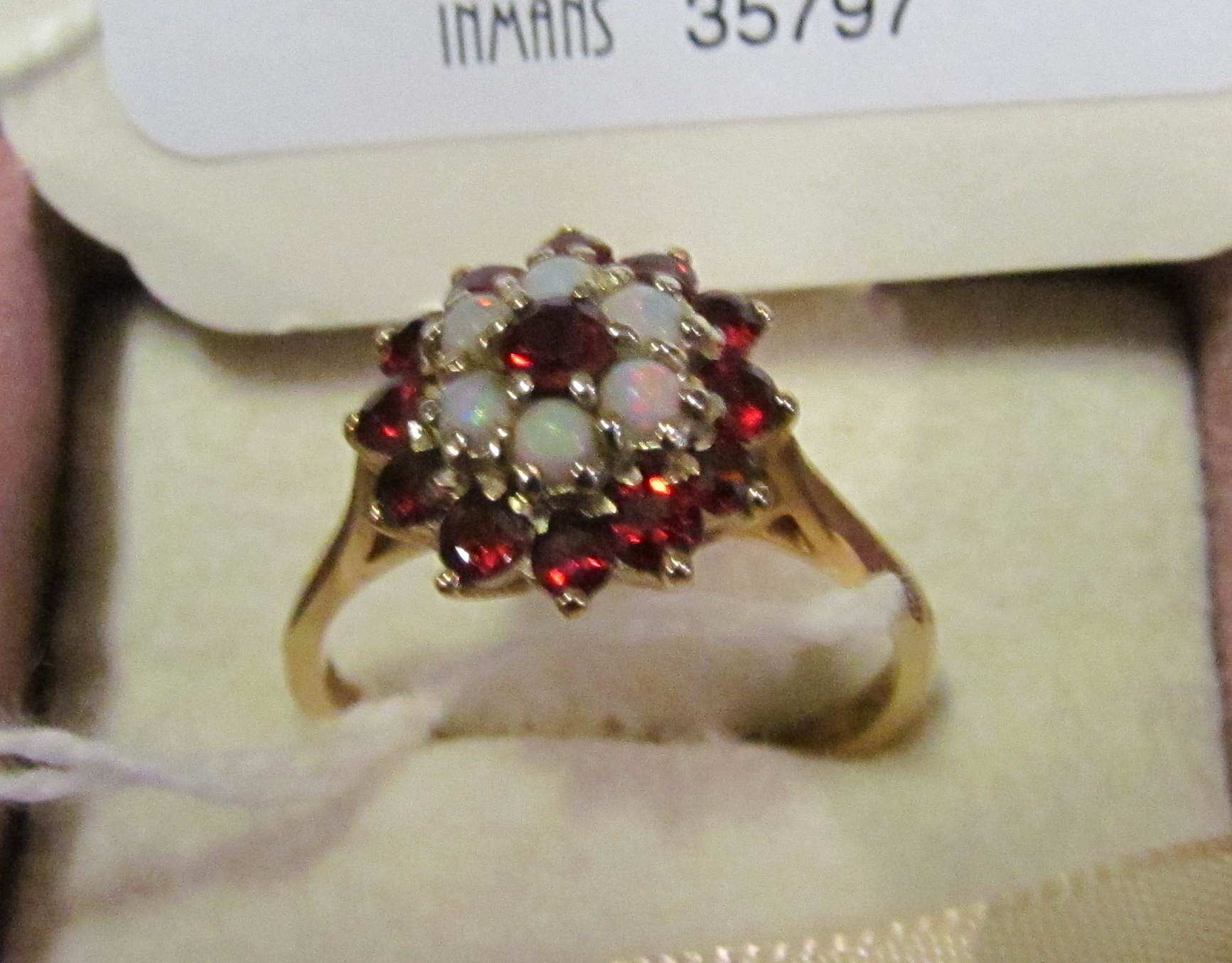A 9ct gold ring garnet and opal cluster ring