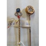 A stick pin set ruby, sapphire and two diamonds and another diamond set Victorian stick pin (i.c.)