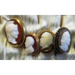 A yellow metal stick pin with cameo of Centurion head and three other cameo stick pins gentlemen