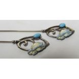 A pair of Charles Horner silver Art Nouveau hat pins set turquoise and pale blue enamel flower (i.