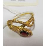 A silver gilt snake head ring