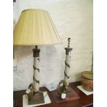 A pair of decorative gilt and cream table lamps square based.