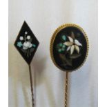 A Victorian stick pin with pietra dura inset flowers and another diamond shaped pietra dura stick