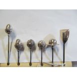 A Charles Horner silver ball hat pin and five other acorn and ball hat pins with steel stems