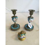 A pair of Sevres style candlesticks and ornament