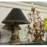 A gilt and drop lustre leaf design table lamp and a pair of gilt table lamps
