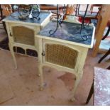 A pair of cream painted bedside cabinets with cane door and a similar bedroom chair