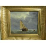 An oil sailing boats at sea and another