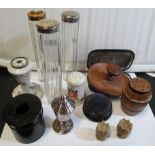Three late Victorian glass travelling hat pin holders and other hat pin holders