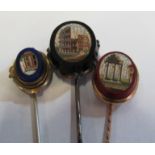 Three Victorian stick pins inset with micro mosaics of Italian buildings