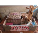 A collection of vintage sewing and craft items including; two sewing baskets (with contents),