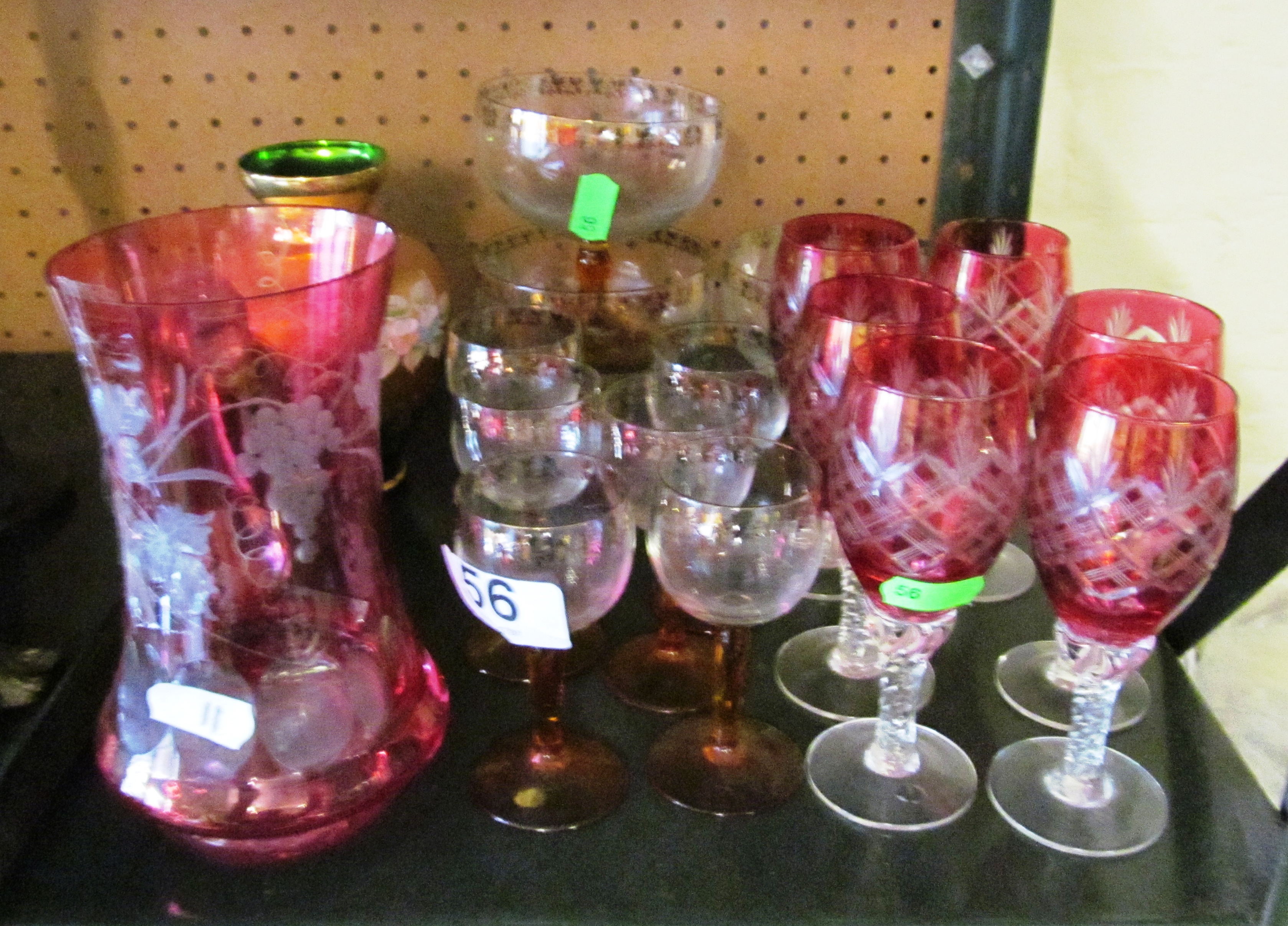 Six red cut glass glasses, and a jug (a/f) green and gilt vase, and six small glasses with amber