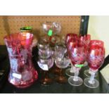 Six red cut glass glasses, and a jug (a/f) green and gilt vase, and six small glasses with amber