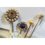 A Victorian stick pin pearl and diamond circle and three other pearl stick pins