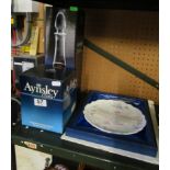 An Aynsley cheese plate and knife, decanter and vase.