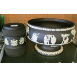 A Wedgwood black jasperware bowl and tobacco jar (no lid)