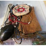 A beaded purse, buckle, miniature gloves etc