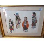 A Chinese appliqué picture with four material figures with painted faces