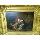 An oil on board interior scenes lady with dogs
