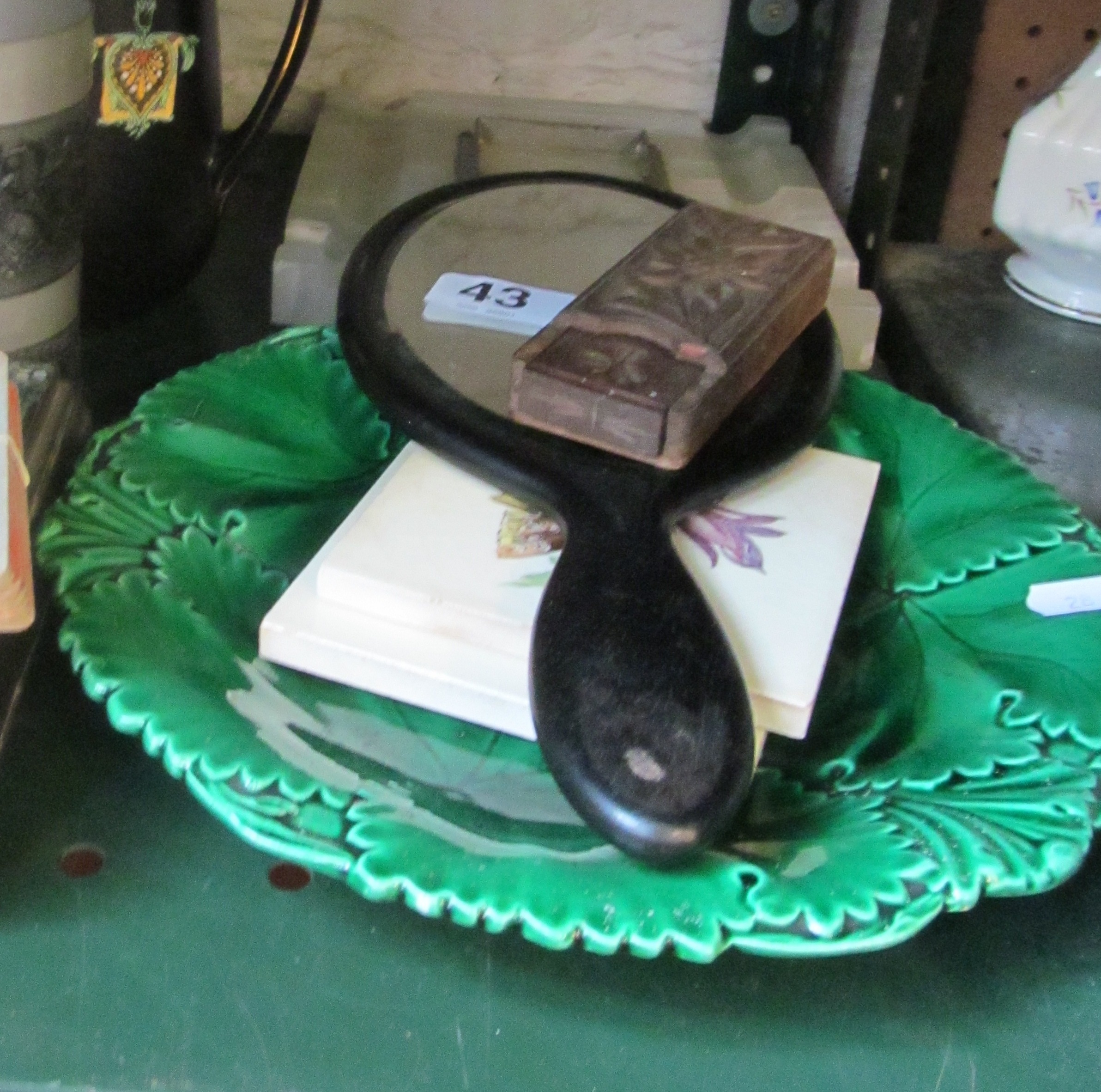 A green leaf pottery plate, thermometer in treen case and other china etc