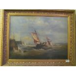 An oil on canvas sailing boat entering harbour