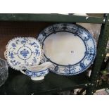 A blue and white platter, a plate and jug