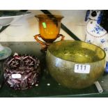 A Royal Brierley green lustre bowl, green vase and red bowl