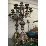 A pair brass candelabra, candelabra and lidded box