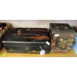 A black lacquer jewellery box and another work box (both in need of restoration)