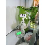 A green Mary Gregory jug, glass apple, three Doulton plates and plates