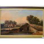 Dutch school - bridge with windmill to background in gilt frame