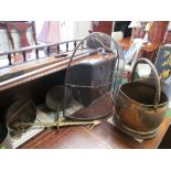 Two copper coal bins, brass fireguard, scales et cetera