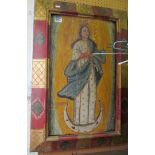 A painted wood plaque religious figure lady standing on half-moon