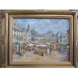 M J Rundell An oil on board market scene