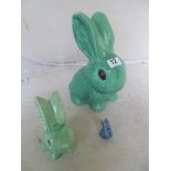 A large green SylvaC rabbit, smaller rabbit and Denby rabbit