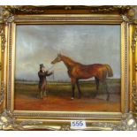 A small oil horse and 18th Century gentleman in gilt frame