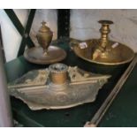 A brass chamberstick, candles snuffers and two brass inkstands