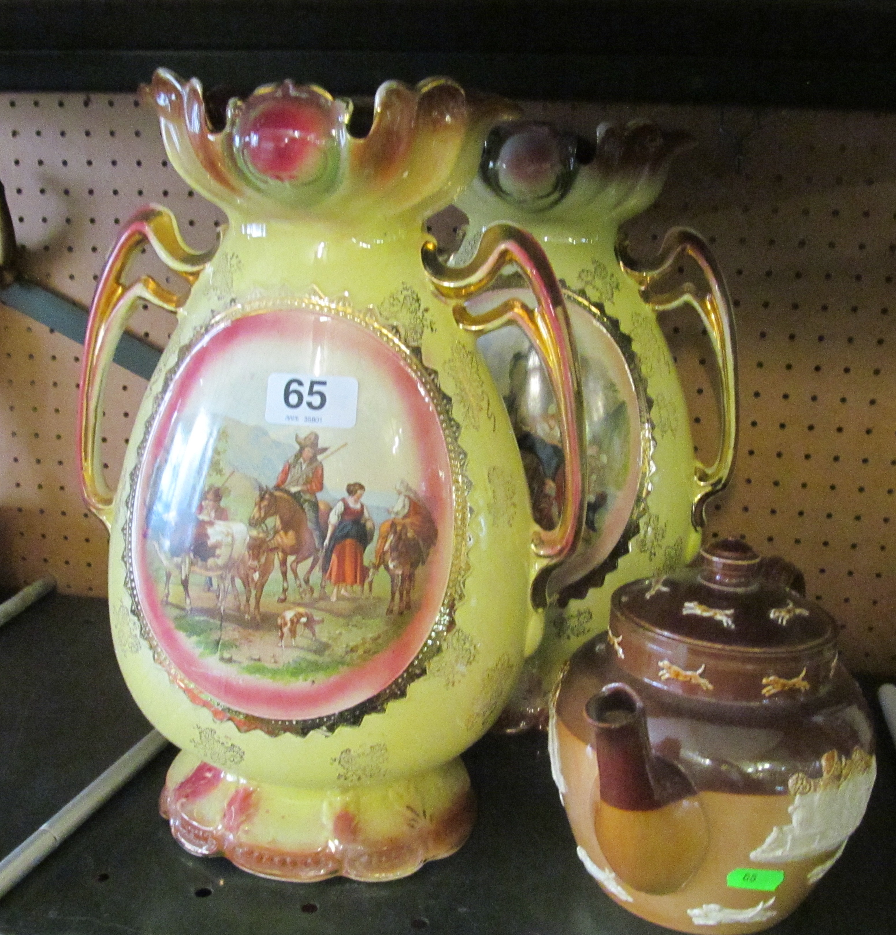 A pair of Victorian decorative vases and a Bargee teapot