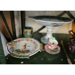A Quimper plate, Gouda vase (a/f), two Oriental cups and saucers and centrepiece
