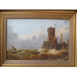 An oil on canvas rough sea at harbour entrance in gilt frame