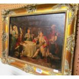 An oil on panel 18th Century gentlemen on board ship in interior panelled room in gilt frame